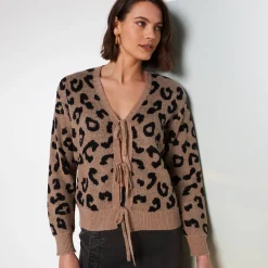 Trui En Vest<Blancheporte Vest met striklintjes, jacquard met luipaardmotief beige / zwart