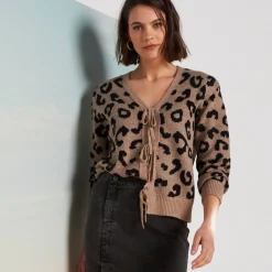 Trui En Vest<Blancheporte Vest met striklintjes, jacquard met luipaardmotief beige / zwart