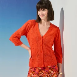 Trui En Vest<Blancheporte Vest met V-hals, ajourtricot met mohairtouch oranje