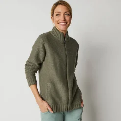 Trui En Vest<Outdoor Collection Vets met rits, 30% wol kaki