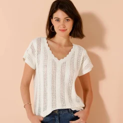 Trui En Vest<Blancheporte V-halstrui met korte mouwen, ajourtricot ecru