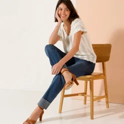 Trui En Vest<Blancheporte V-halstrui met korte mouwen, ajourtricot ecru