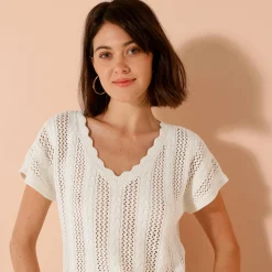 Trui En Vest<Blancheporte V-halstrui met korte mouwen, ajourtricot ecru