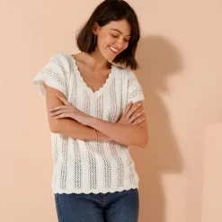 Trui En Vest<Blancheporte V-halstrui met korte mouwen, ajourtricot ecru