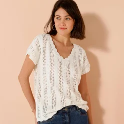 Trui En Vest<Blancheporte V-halstrui met korte mouwen, ajourtricot ecru