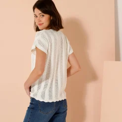 Trui En Vest<Blancheporte V-halstrui met korte mouwen, ajourtricot ecru
