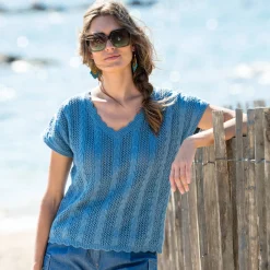 Trui En Vest<Blancheporte V-halstrui met korte mouwen, ajourtricot jeansblauw