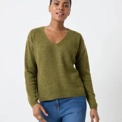 Trui En Vest<Blancheporte V-halstrui met lange mouwen, mix van wol en mohair mosgroen