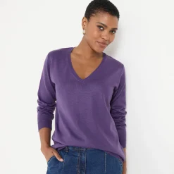 Trui En Vest<Blancheporte V-halstrui met lange mouwen aubergine