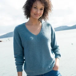 Trui En Vest<Blancheporte V-halstrui met lange mouwen, mix van wol en mohair gletsjerblauw