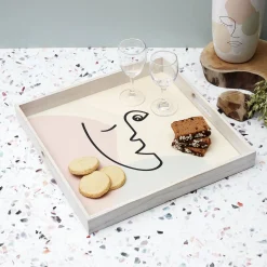 Decoratieartikel<Blancheporte Vierkant dienblad in hout, gezichtmotief veelkleurig