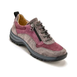 Baskets En Sneakers|Schoenen<PédiConfort Wandelsneakers met rits en veters, breed model in leer grijs / roze