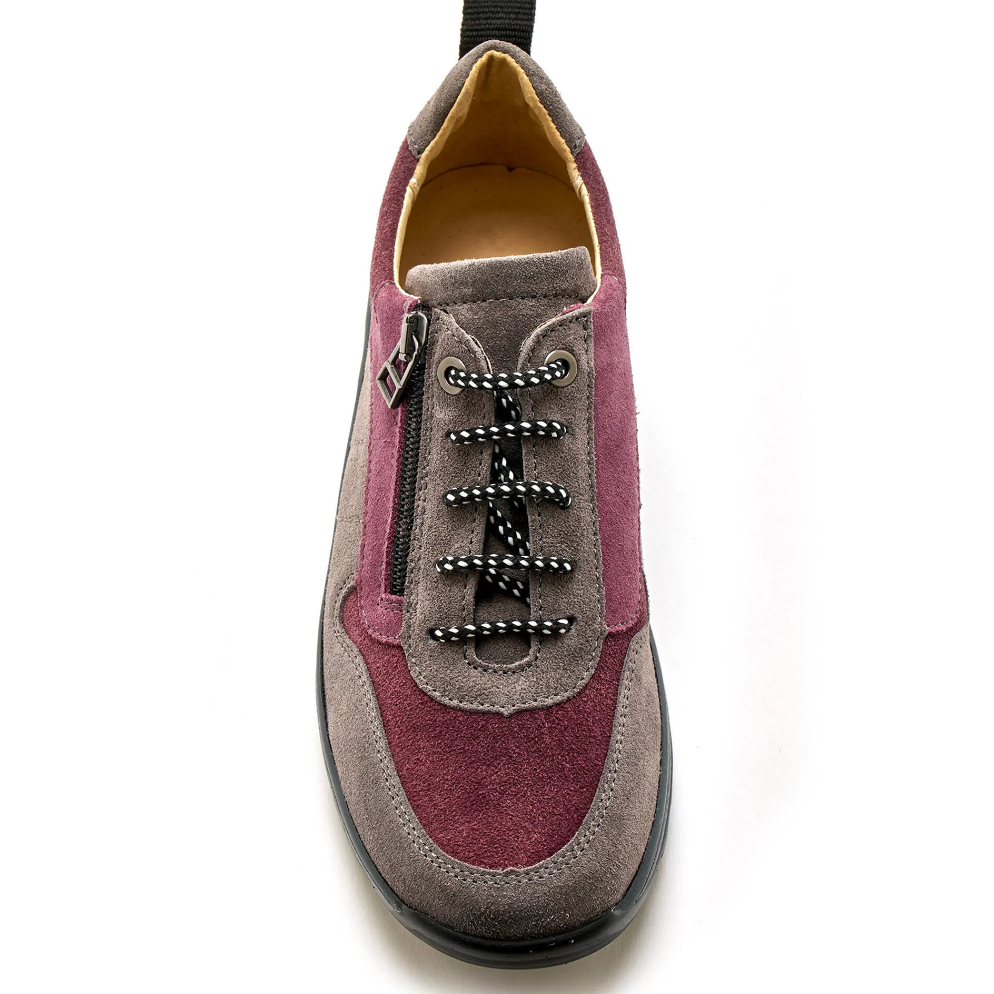 Baskets En Sneakers|Schoenen<PédiConfort Wandelsneakers met rits en veters, breed model in leer grijs / roze