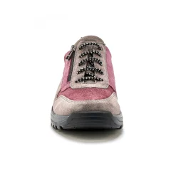 Baskets En Sneakers|Schoenen<PédiConfort Wandelsneakers met rits en veters, breed model in leer grijs / roze