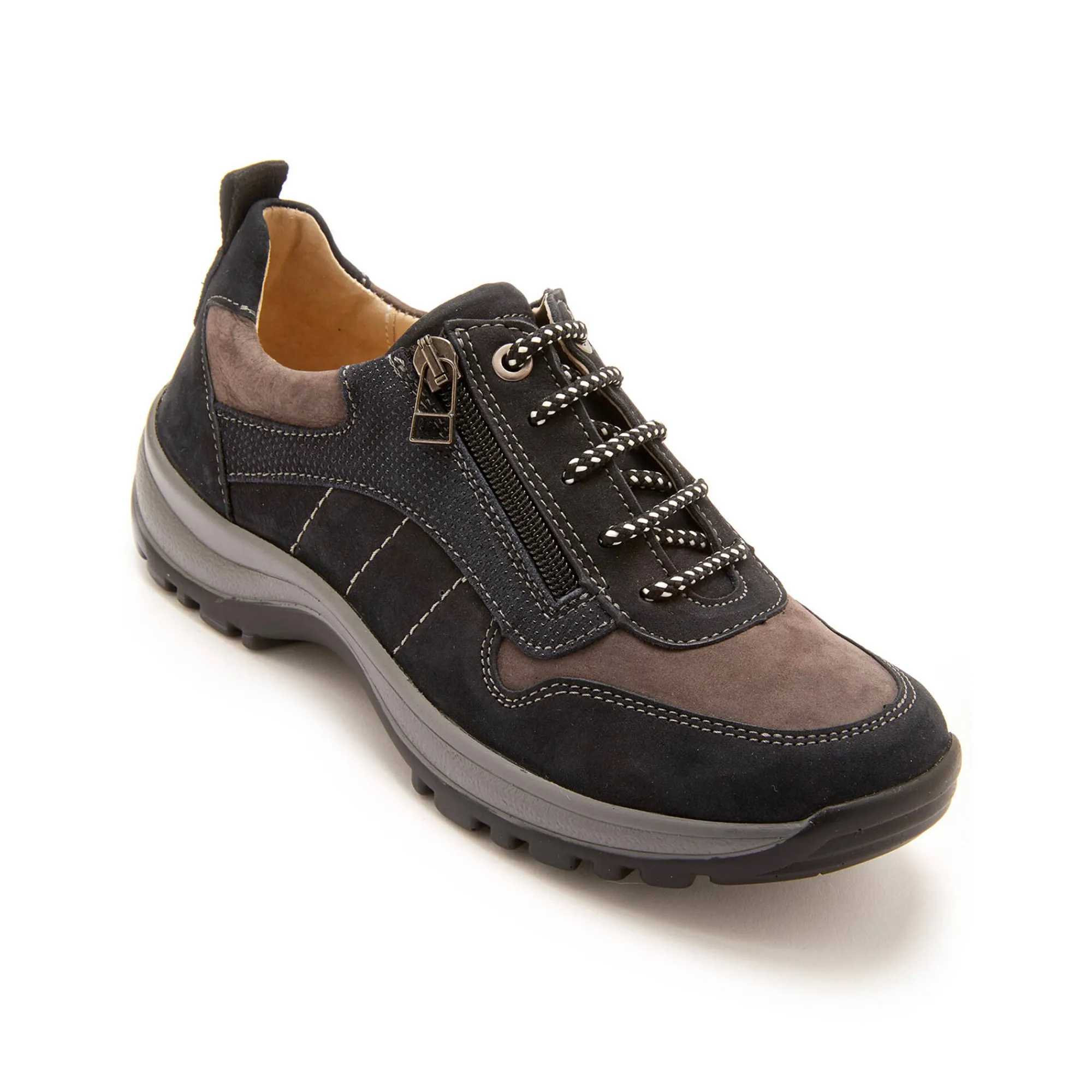 Baskets En Sneakers|Schoenen<PédiConfort Wandelsneakers met rits en veters, breed model in leer marine / grijs