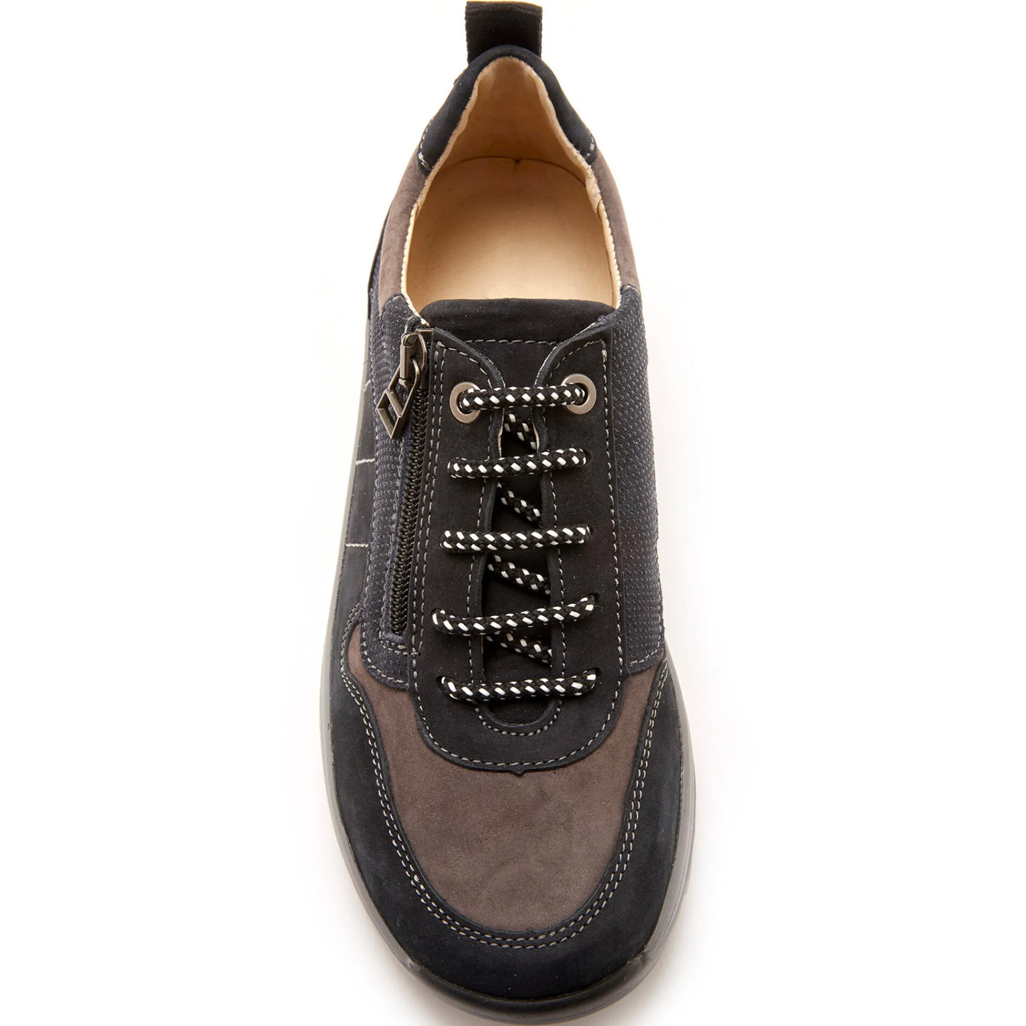 Baskets En Sneakers|Schoenen<PédiConfort Wandelsneakers met rits en veters, breed model in leer marine / grijs