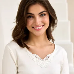 Thermisch Ondergoed<Blancheporte Warm T-shirt met lange mouwen en kanten hals - set van 2 ivoorkleur
