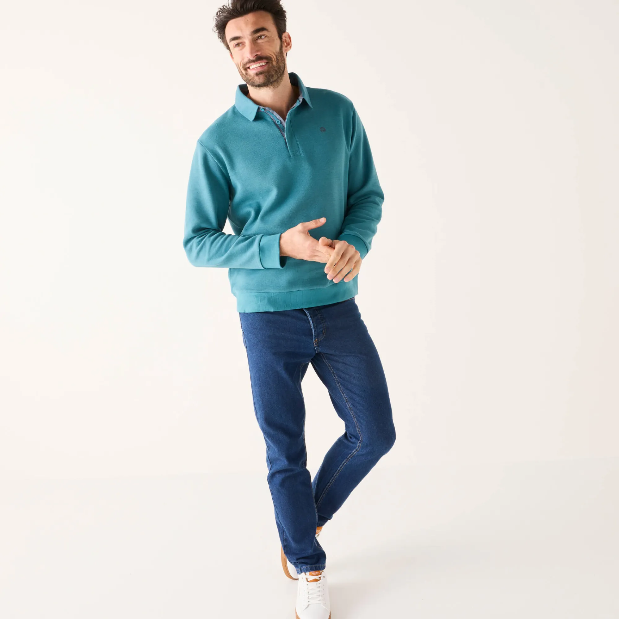 Sweater|Trui En Vest<Blancheporte Warme sweater met polokraag, borduursel op de borst, in ribtricot oceaanblauw