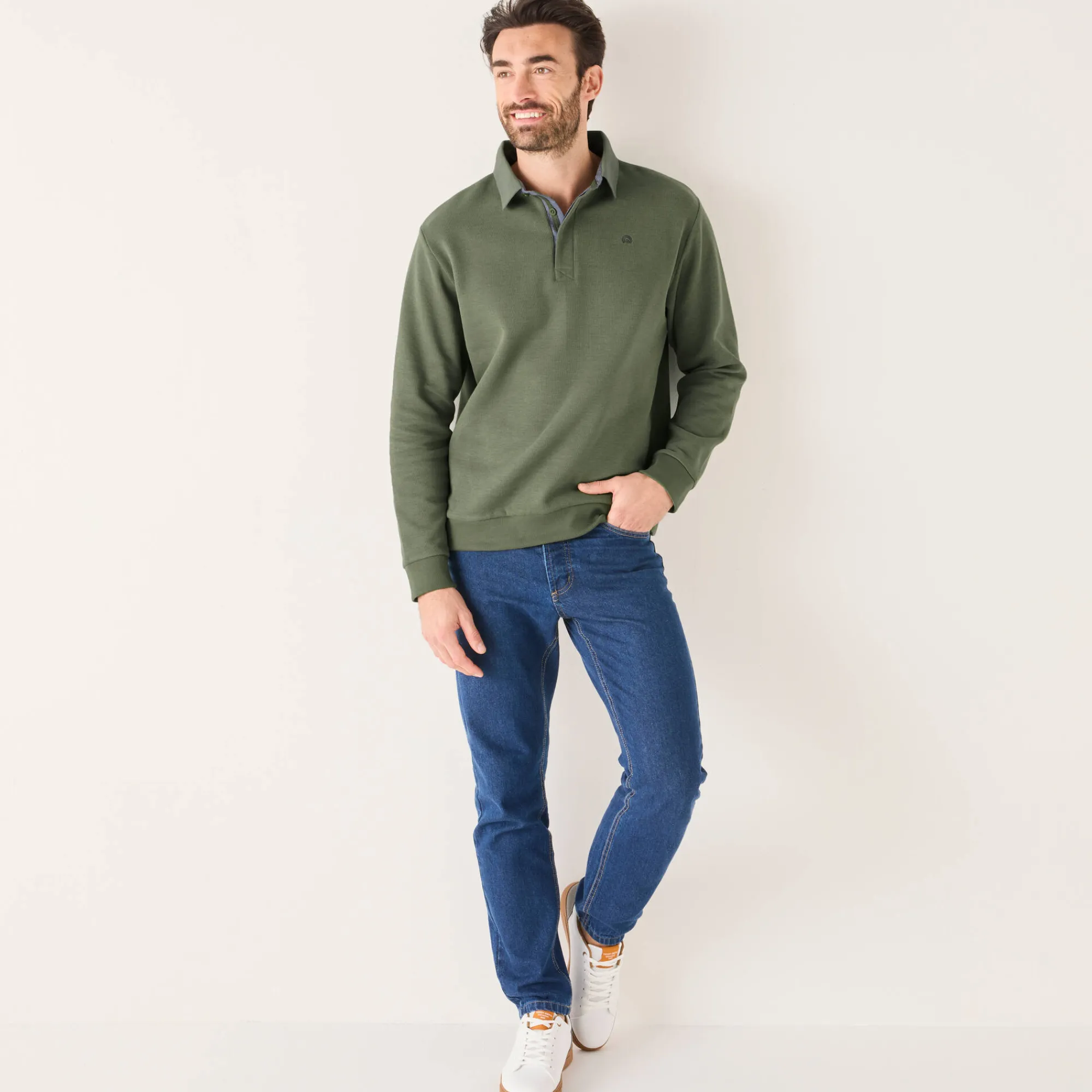 Sweater|Trui En Vest<Blancheporte Warme sweater met polokraag, borduursel op de borst, in ribtricot lichtkaki