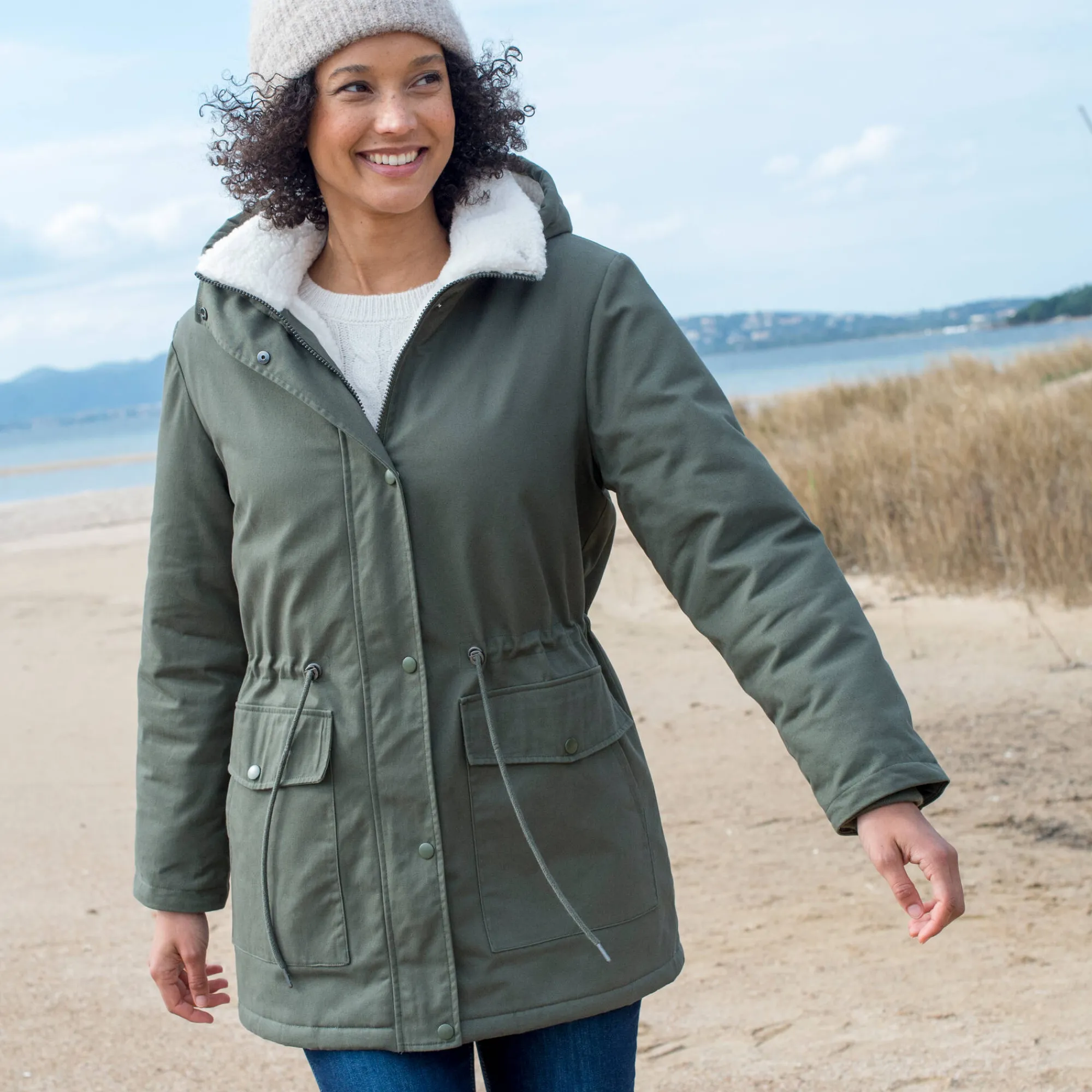 Parka En Donsjas<Blancheporte Waterafstotende parka met kap, voering van sherpafleece kaki