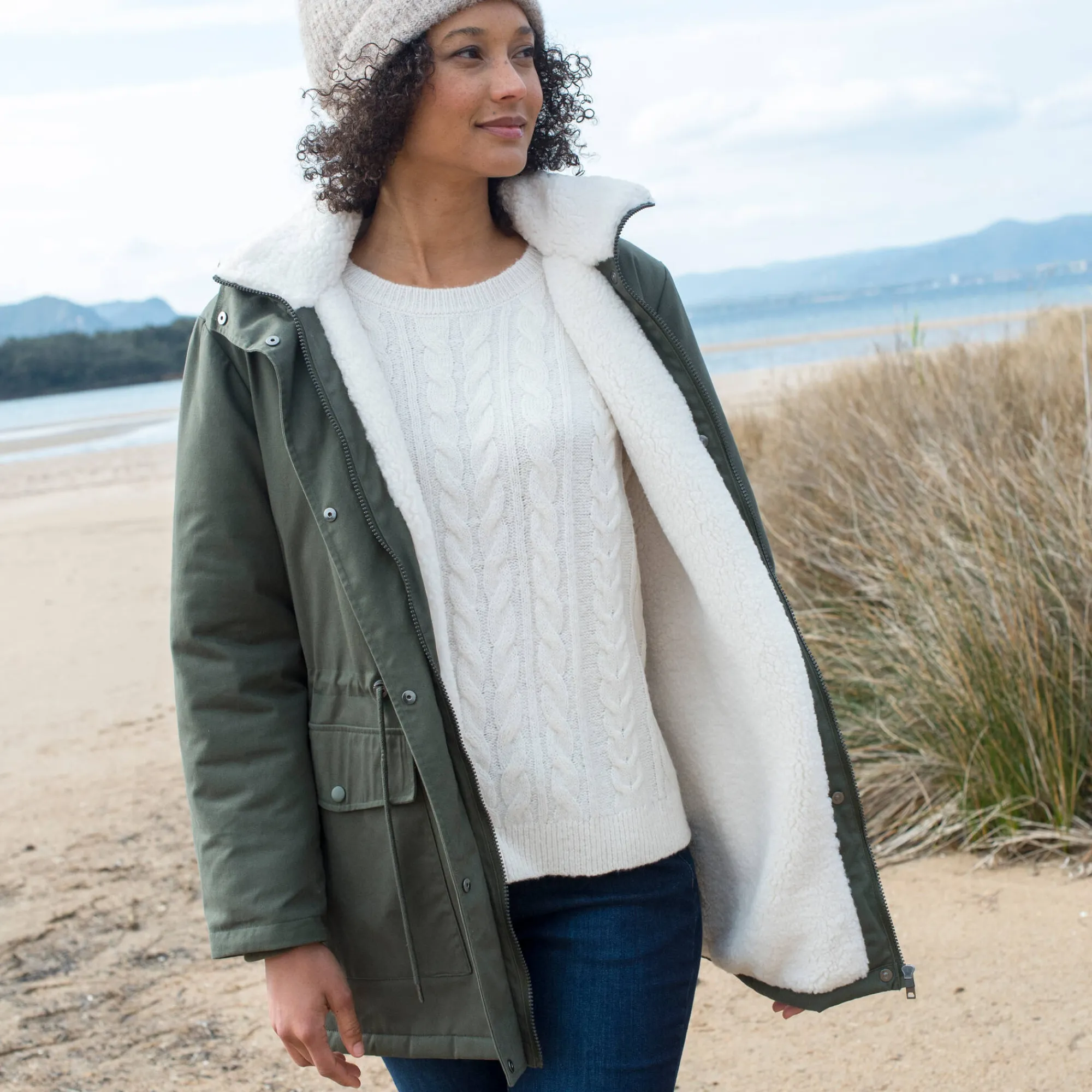 Parka En Donsjas<Blancheporte Waterafstotende parka met kap, voering van sherpafleece kaki