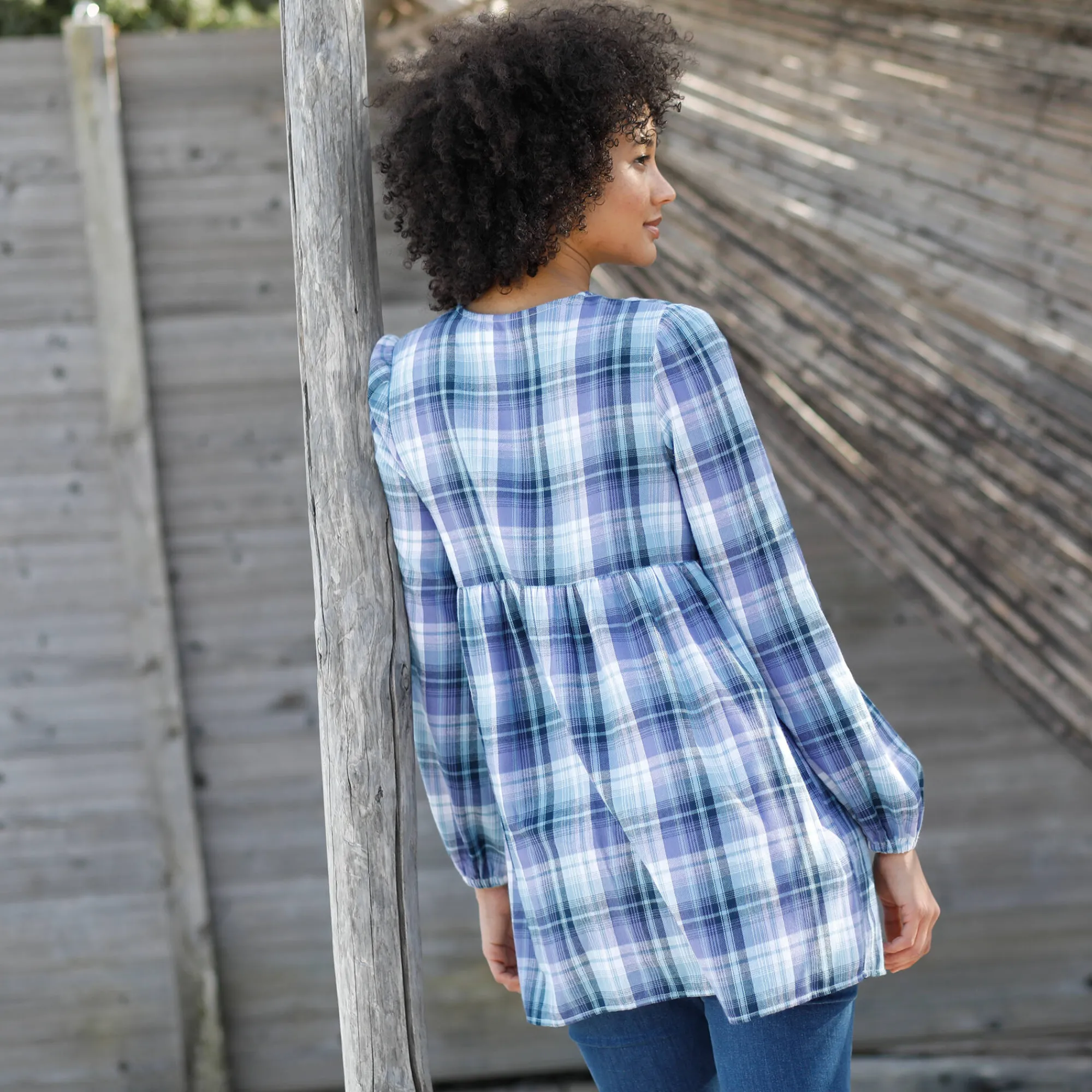 Bloes En Tuniek<Blancheporte Wijd flanellen hemd met ruitmotief blauw / paars
