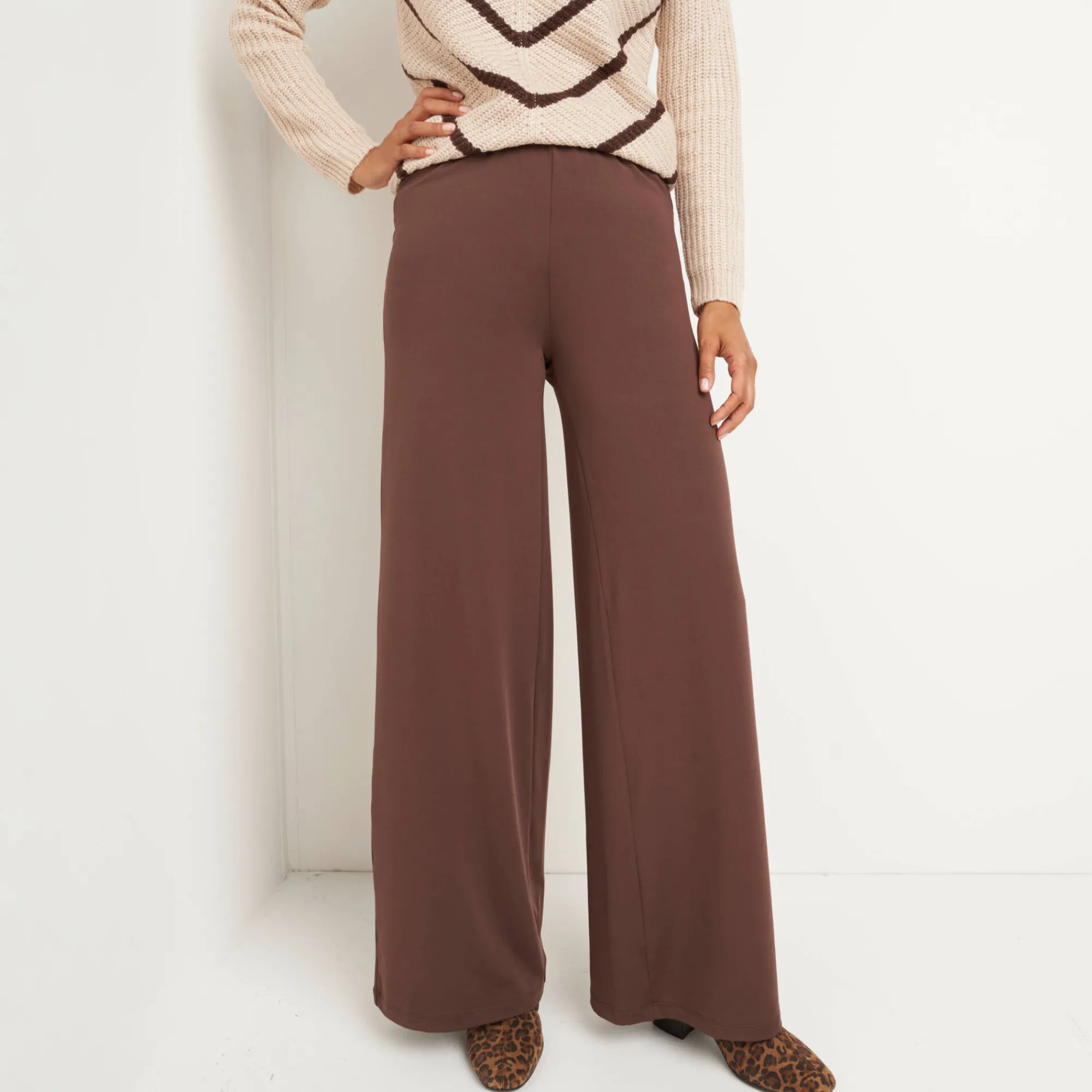 Broek<Blancheporte Wijde broek in rekbaar tricot chocolade