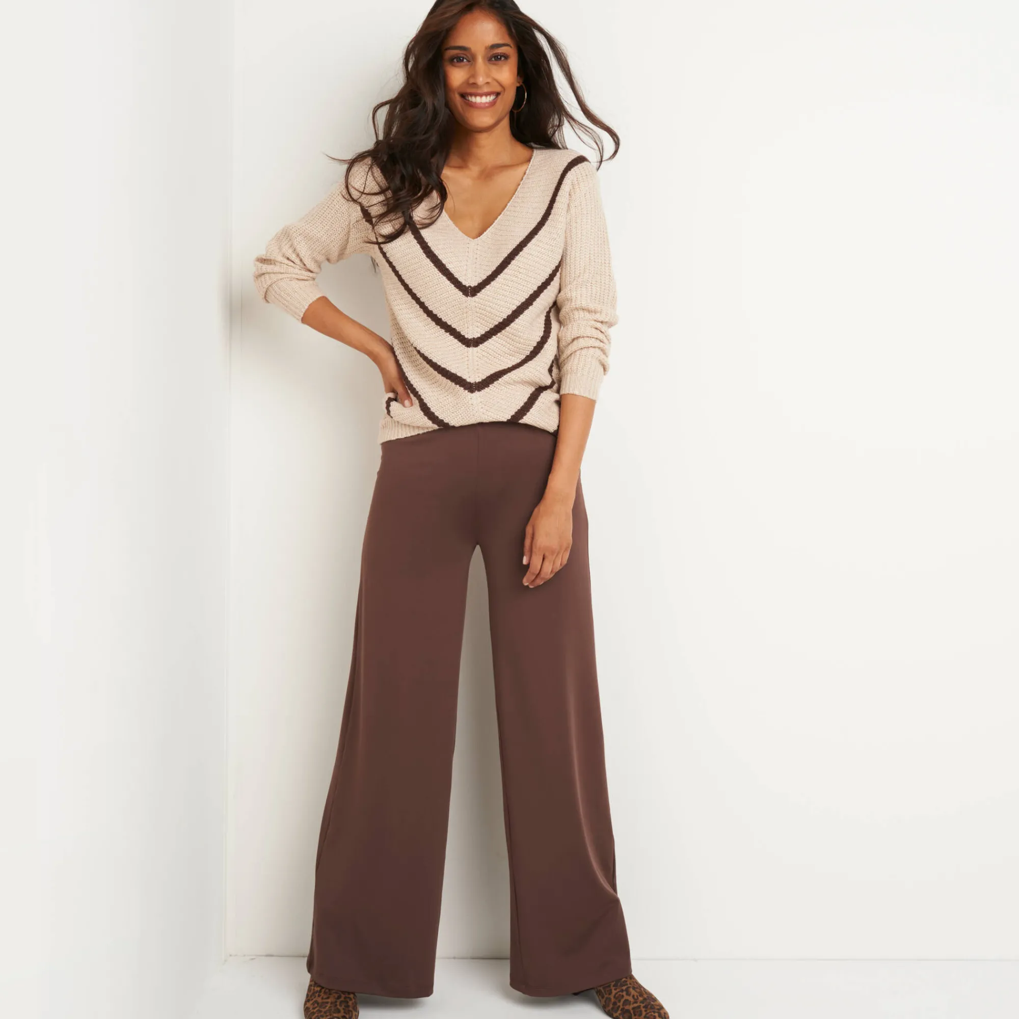 Broek<Blancheporte Wijde broek in rekbaar tricot chocolade