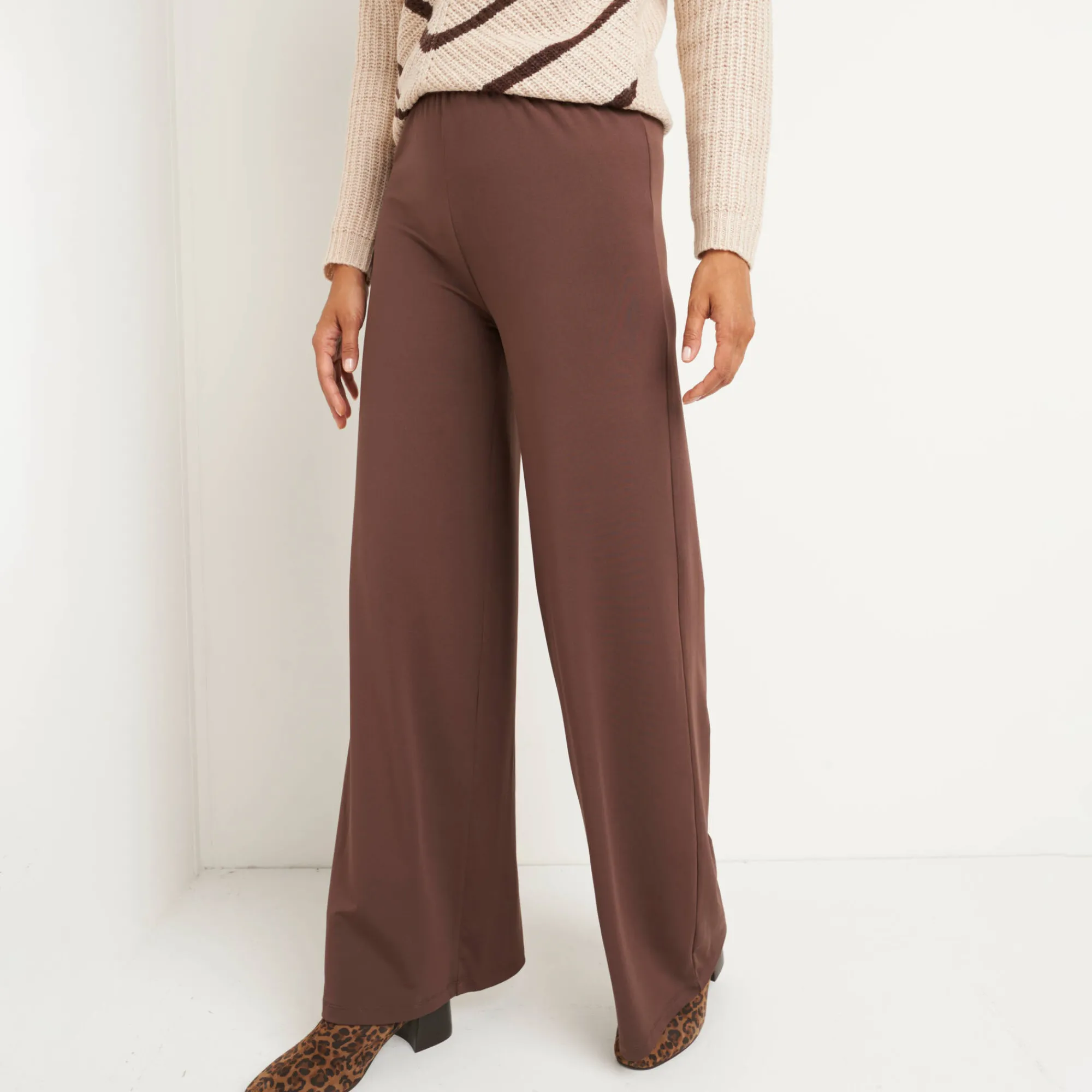 Broek<Blancheporte Wijde broek in rekbaar tricot chocolade