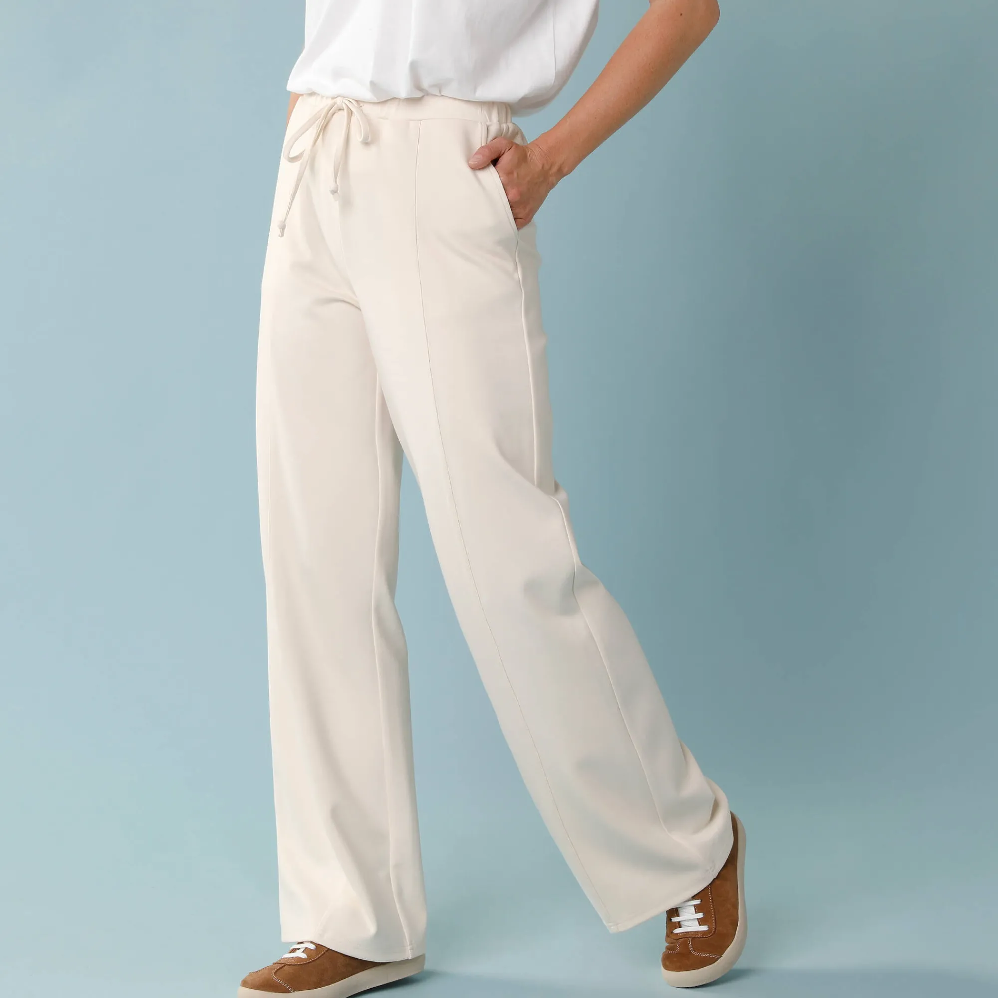 Broek<Blancheporte Wijde broek in soepel tricot, kleine lengtes ecru