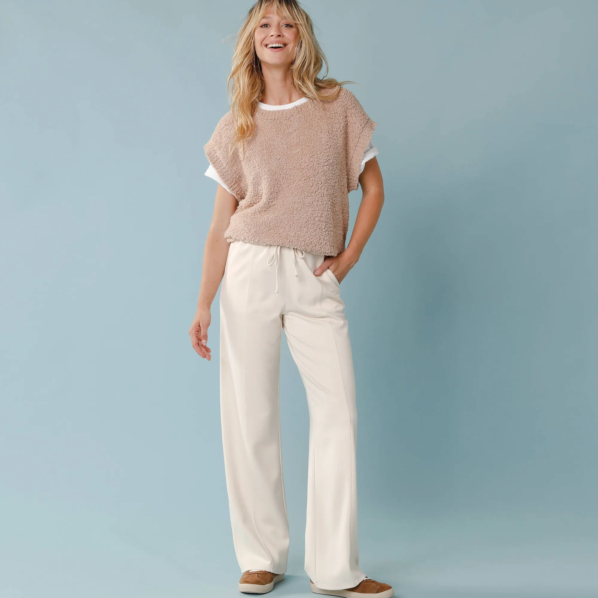 Broek<Blancheporte Wijde broek in soepel tricot, kleine lengtes ecru