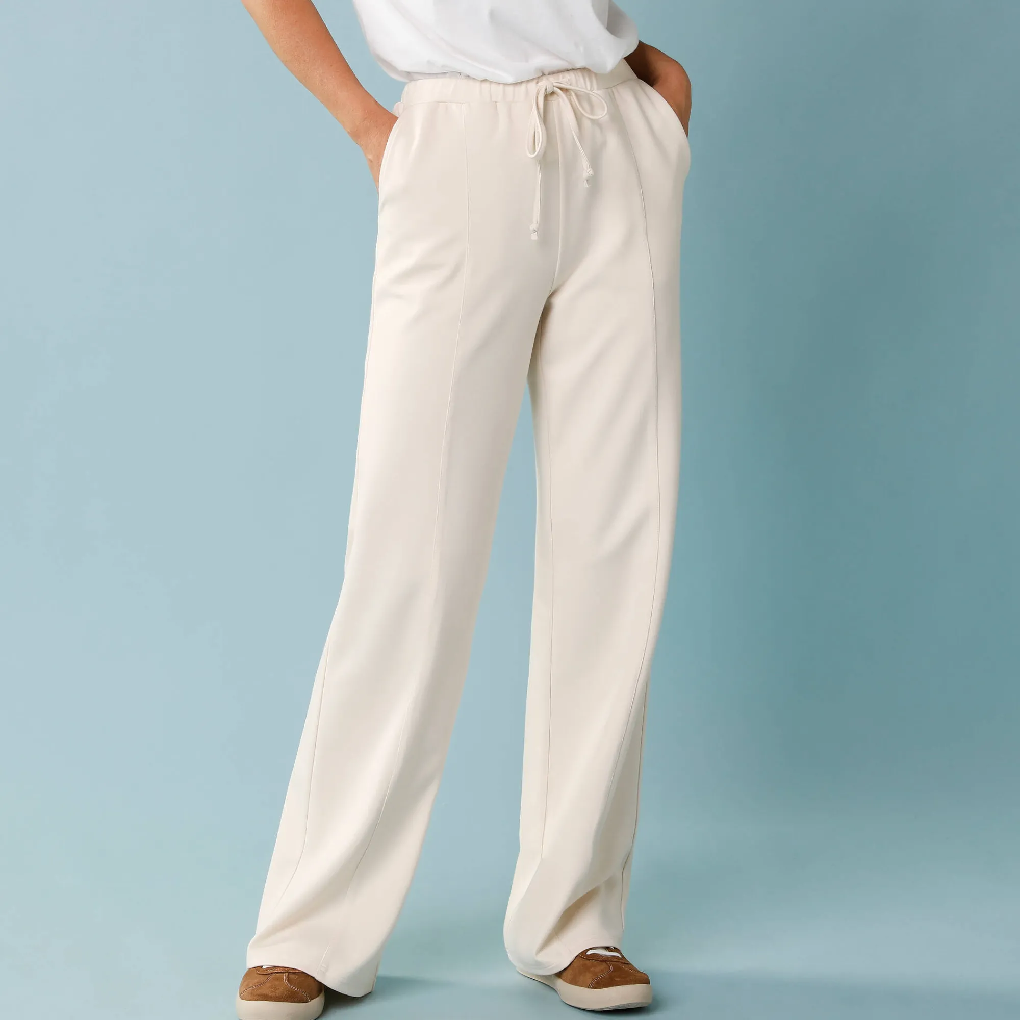 Broek<Blancheporte Wijde broek in soepel tricot, kleine lengtes ecru