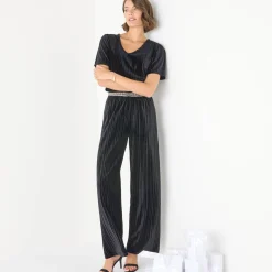 Feestoutfits Dames|Broek<Blancheporte Wijde broek in velours met reliëf, elastische taille zwart