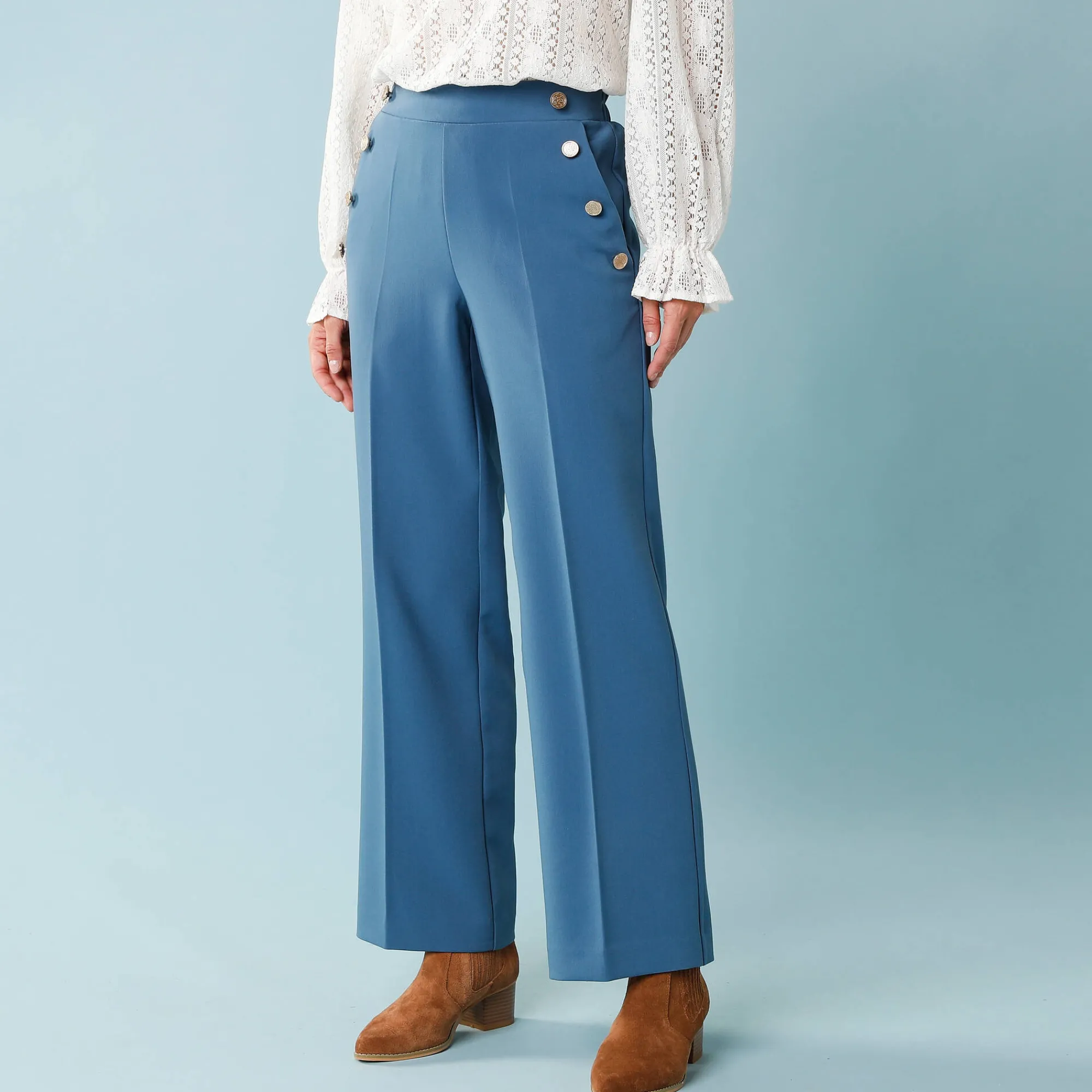 Broek<Blancheporte Wijde broek met hoge taille en knopen opzij, kleine lengtes blauw