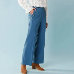 Broek<Blancheporte Wijde broek met hoge taille en knopen opzij, kleine lengtes blauw