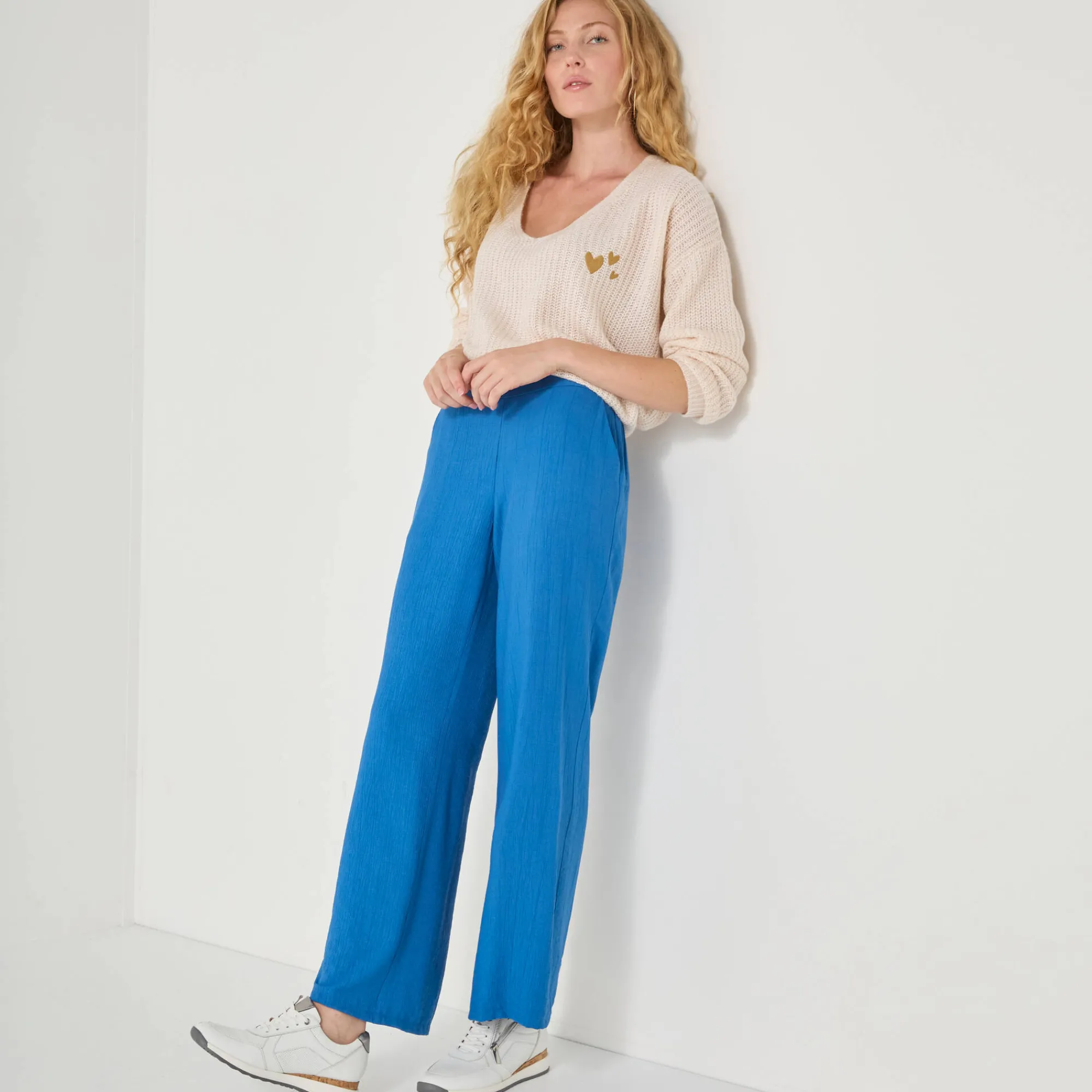 Broek<Blancheporte Wijde broek met materiaaleffect blauw