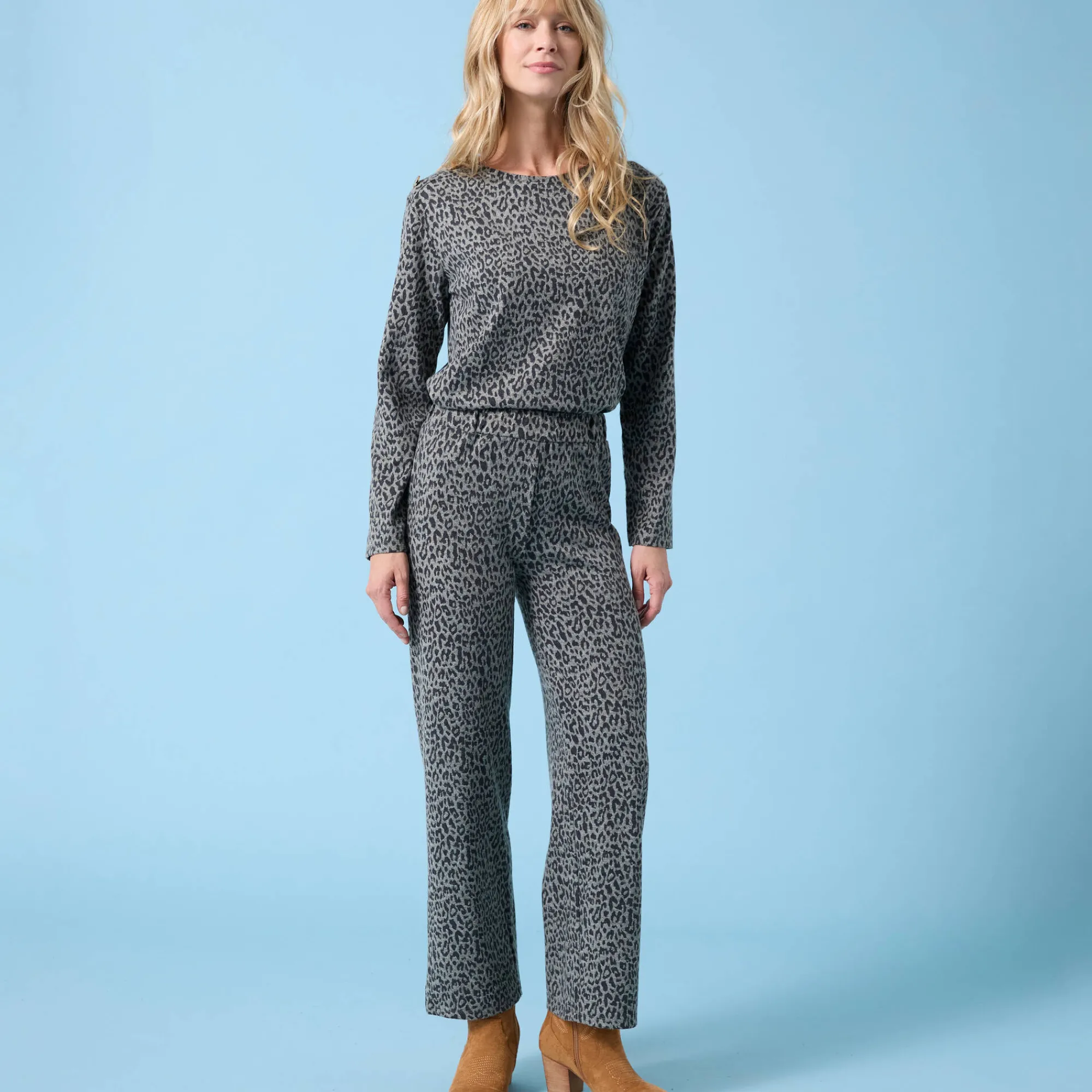 Broek<Blancheporte Wijde broek Special voor kleine lengtes met luipaardprint, geribd kaki / zwart