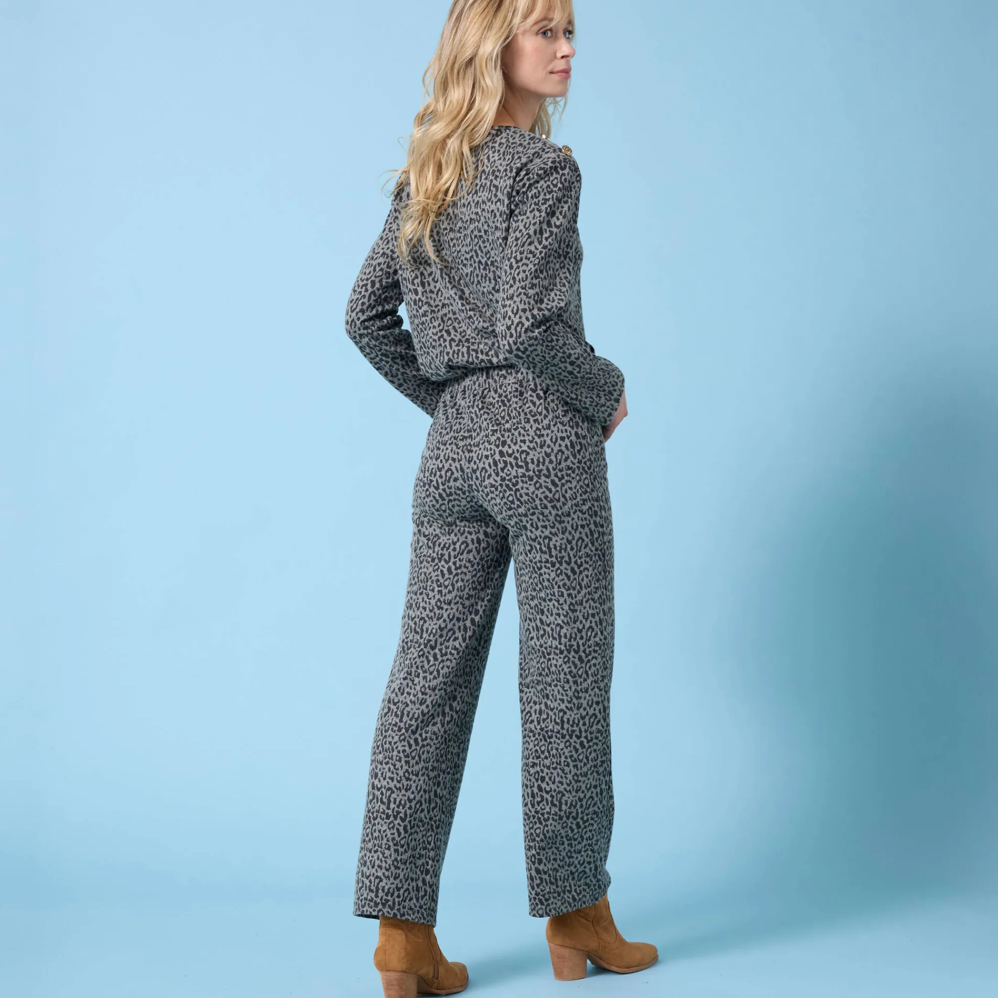Broek<Blancheporte Wijde broek Special voor kleine lengtes met luipaardprint, geribd kaki / zwart