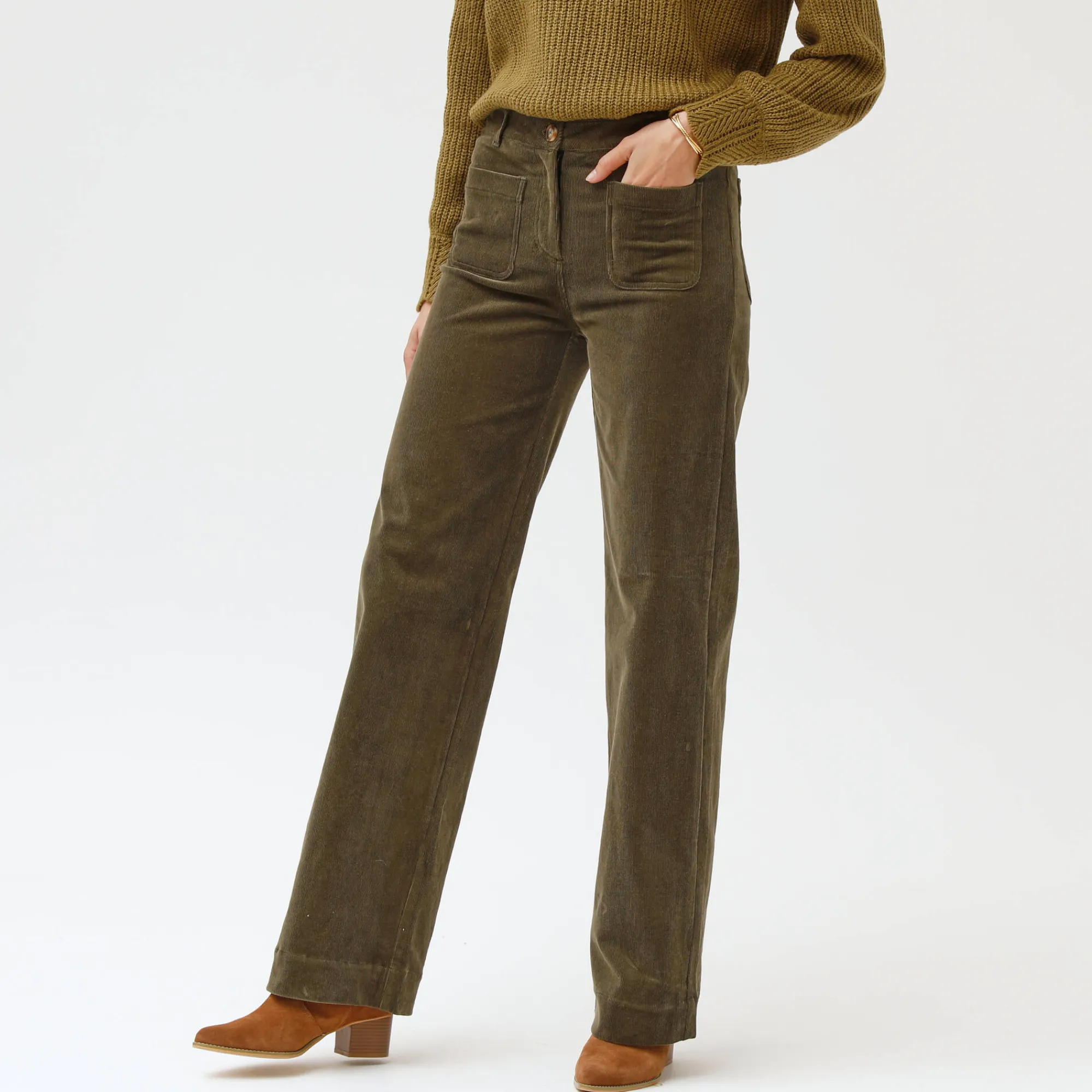 Broek<Blancheporte Wijde velours broek met hoge taille, gemiddelde lengte kaki