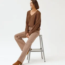 Broek<Blancheporte Wijde velours broek met hoge taille, gemiddelde lengte beige