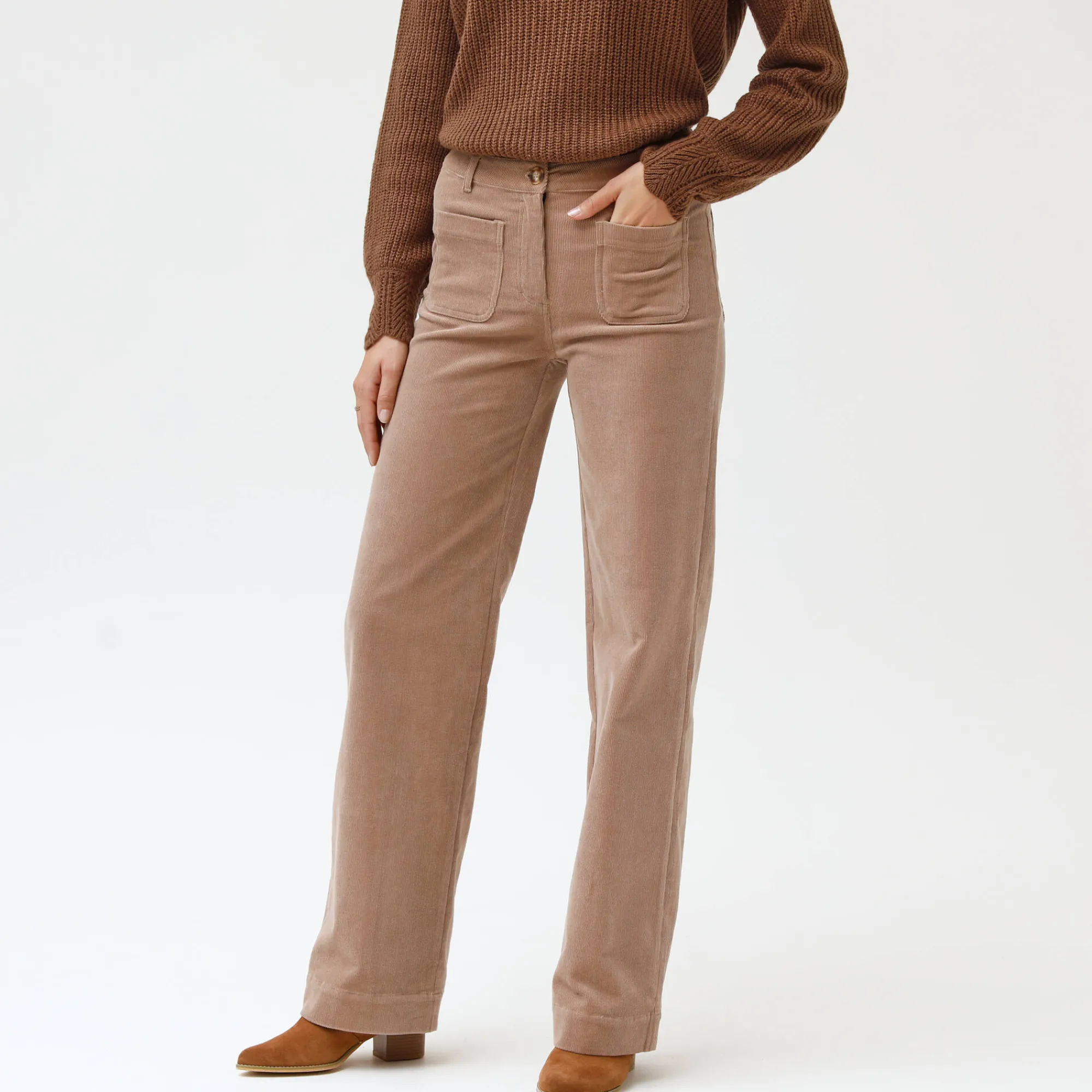Broek<Blancheporte Wijde velours broek met hoge taille, gemiddelde lengte beige