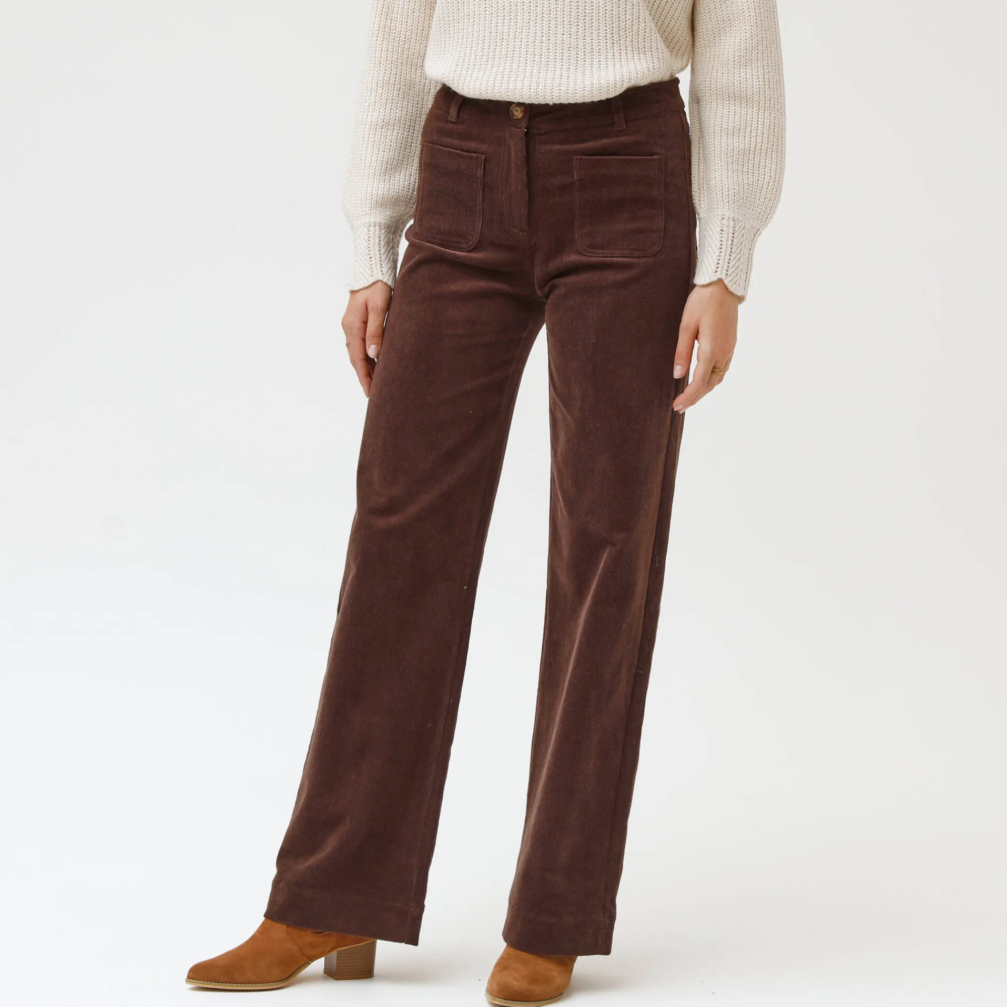 Broek<Blancheporte Wijde velours broek met hoge taille, gemiddelde lengte chocolade