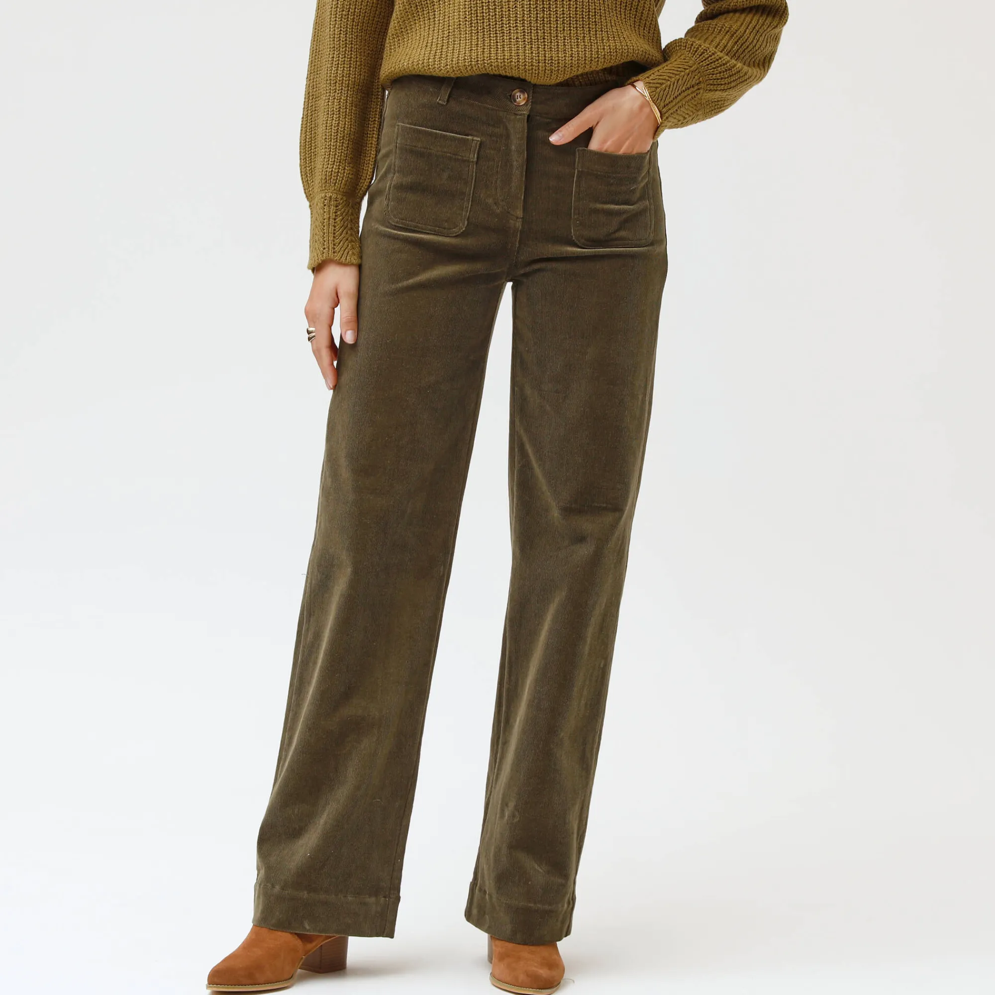Broek<Blancheporte Wijde velours broek met hoge taille, grote lengte kaki