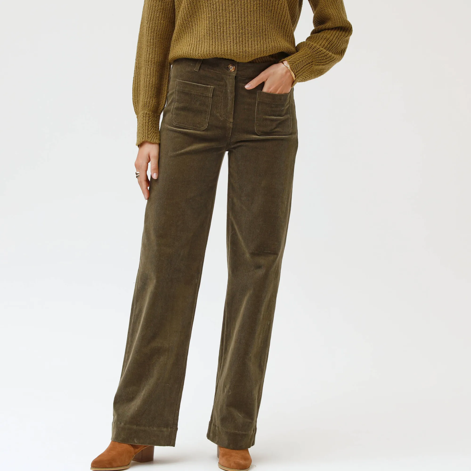 Broek<Blancheporte Wijde velours roek met hoge taille, kleine lengte kaki