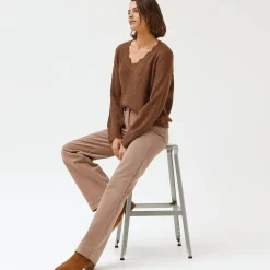 Broek<Blancheporte Wijde velours roek met hoge taille, kleine lengte beige