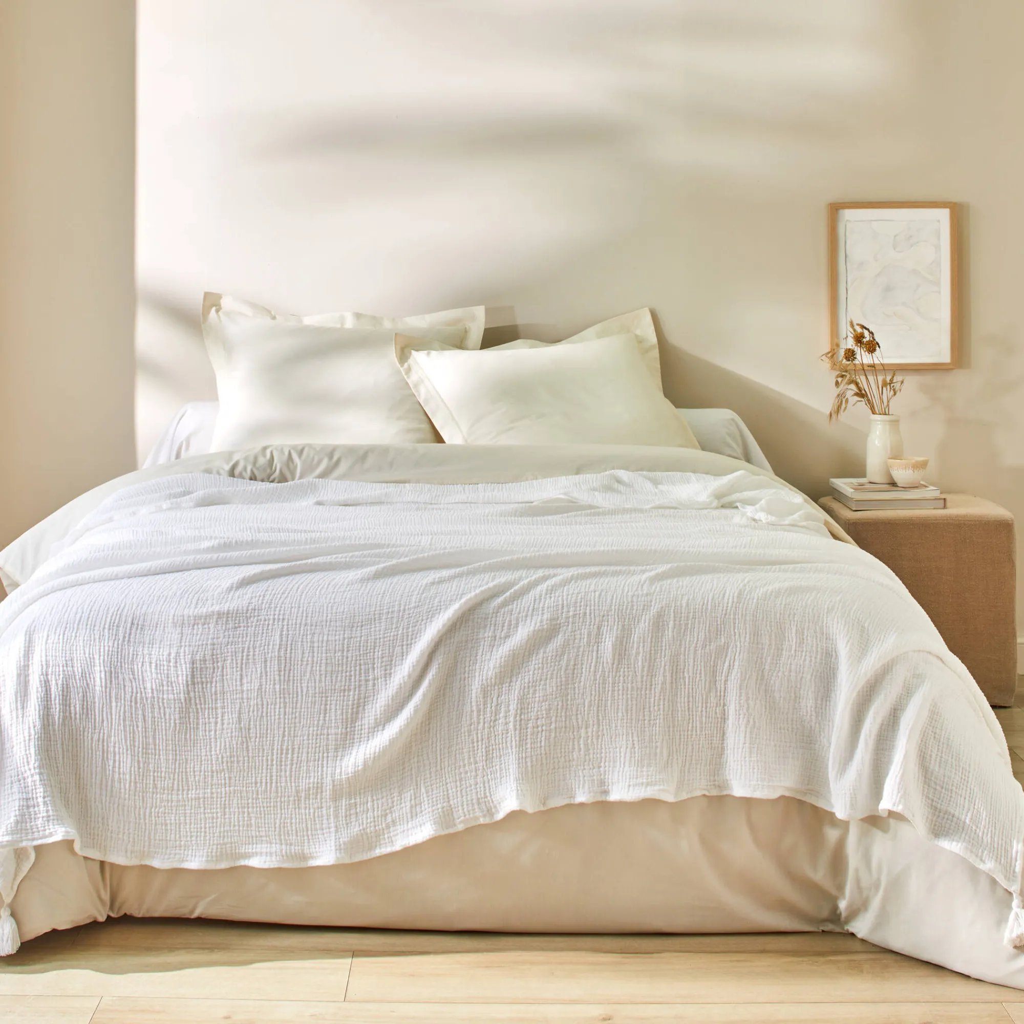Zeildoekstof<Blancheporte Zitbanksprei of effen plaid, driedubbel katoengaas wit