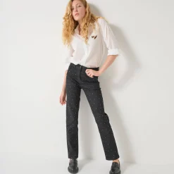 Feestoutfits Dames|Jeans<Blancheporte e, rechte jeans met hoge taille en strasjes zwart