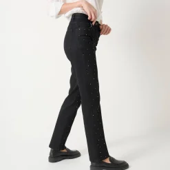 Feestoutfits Dames|Jeans<Blancheporte e, rechte jeans met hoge taille en strasjes zwart