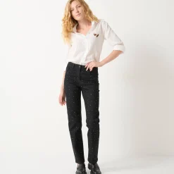 Feestoutfits Dames|Jeans<Blancheporte e, rechte jeans met hoge taille en strasjes zwart